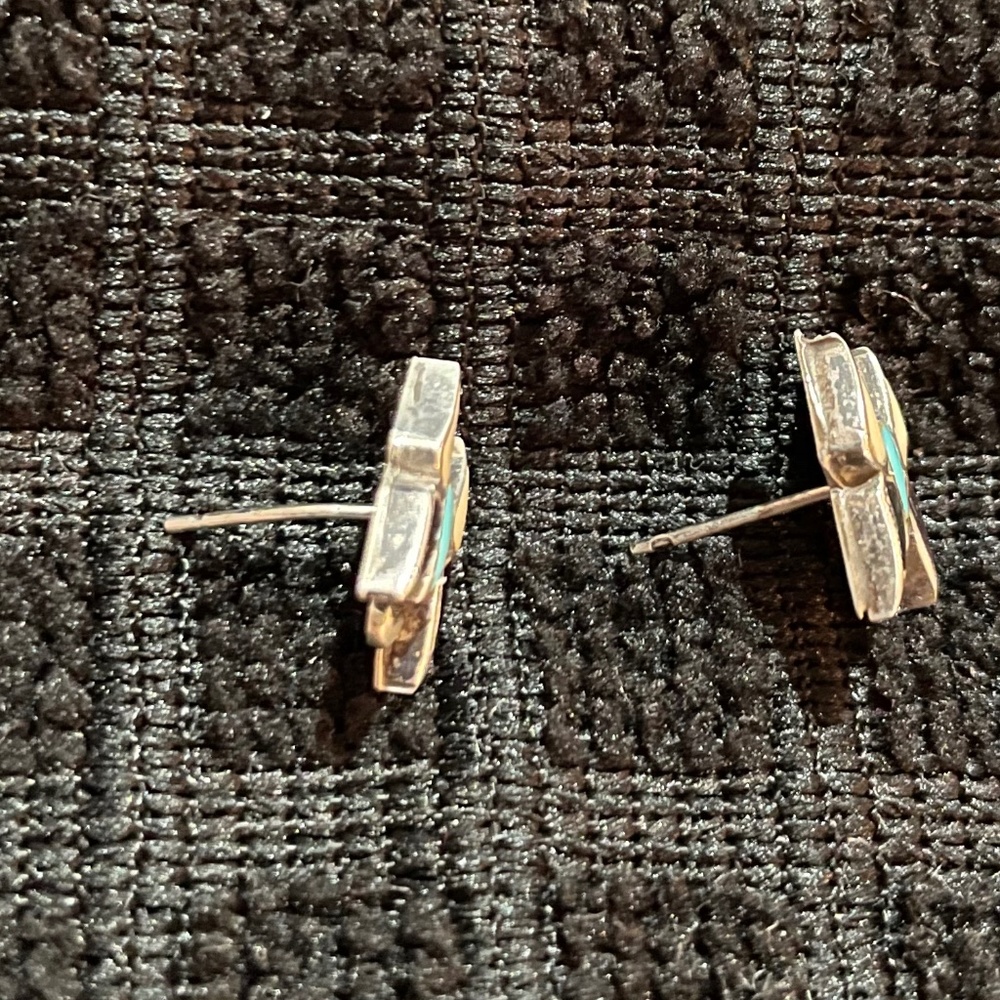 Vintage Zuni Silver Inlay Turquoise/Onyx/Mother of Pearl Butterfly Earrings - Picture 6 of 6